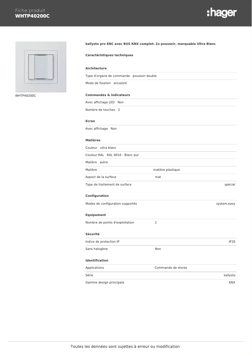 Page n°1 - Fiche technique Hager WHTP40200C