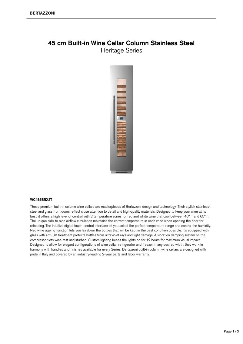 Page 1 de la notice Fiche technique Bertazzoni WC455BRX2T