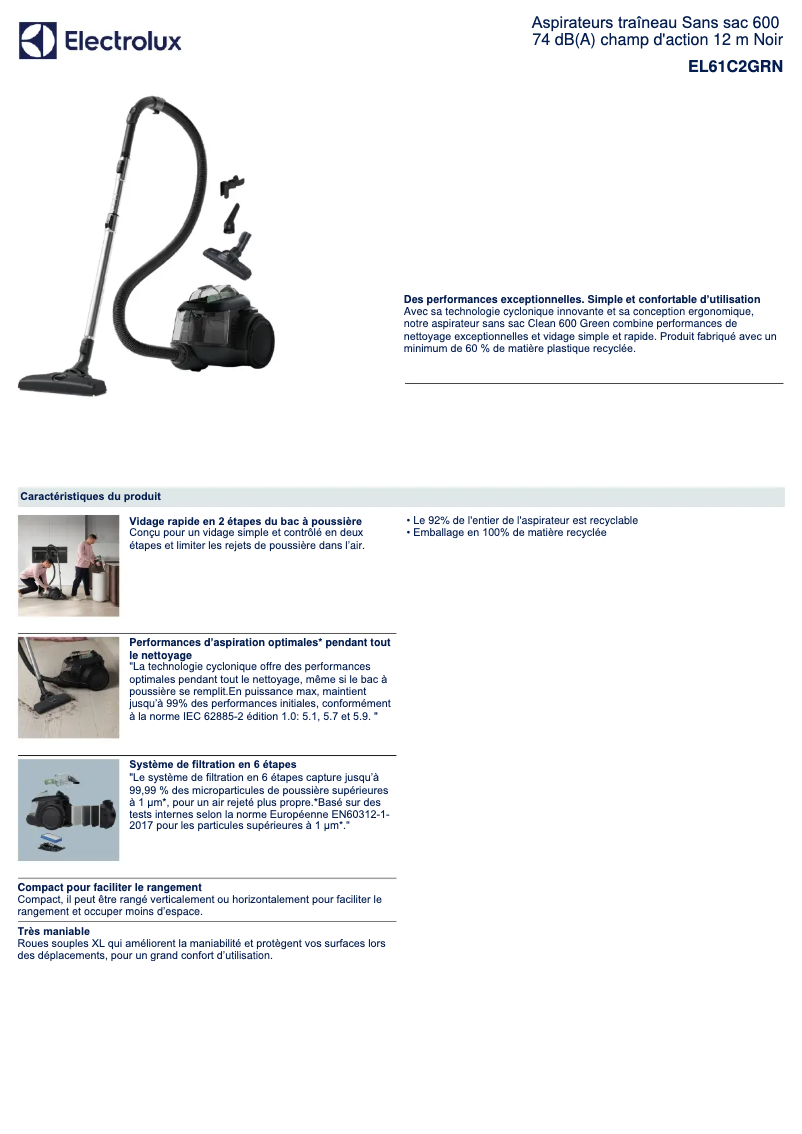 Page 1 de la notice Fiche technique Electrolux EL61C2GRN