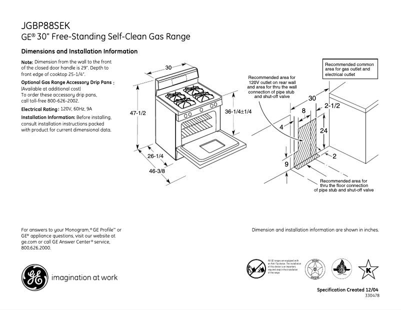 Page n°1 - Fiche technique GE JGBP88SEKSS