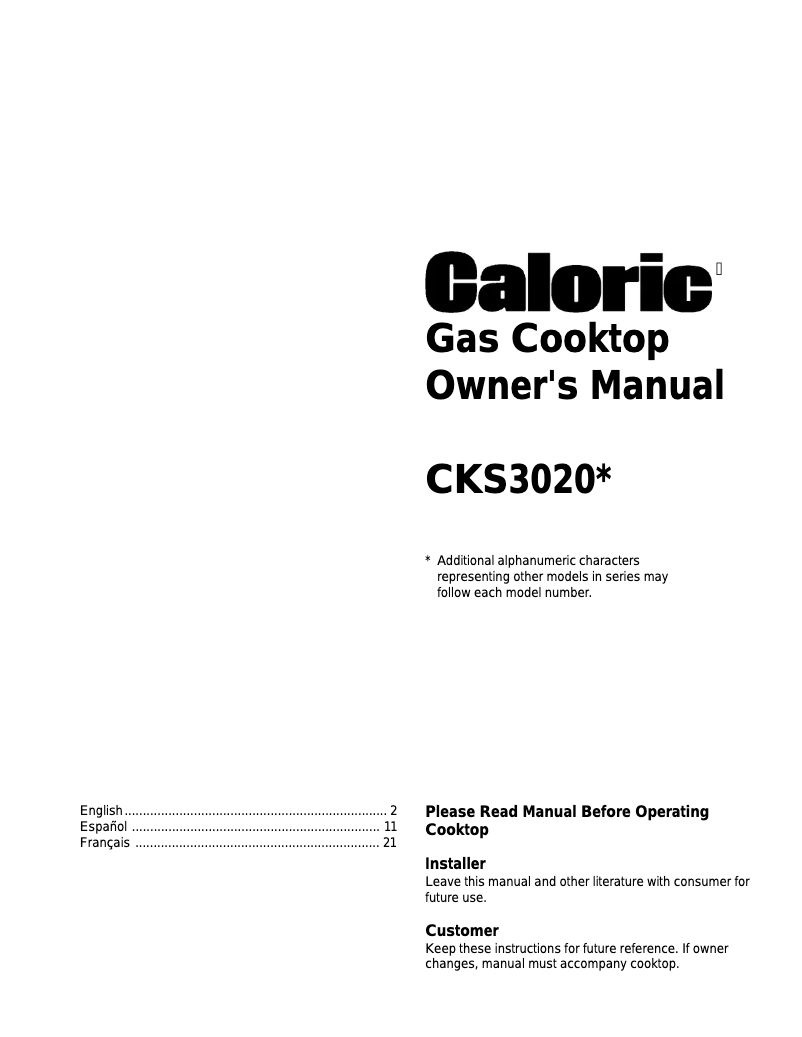Page n°1 - Manuel utilisateur Caloric CKS3020WW