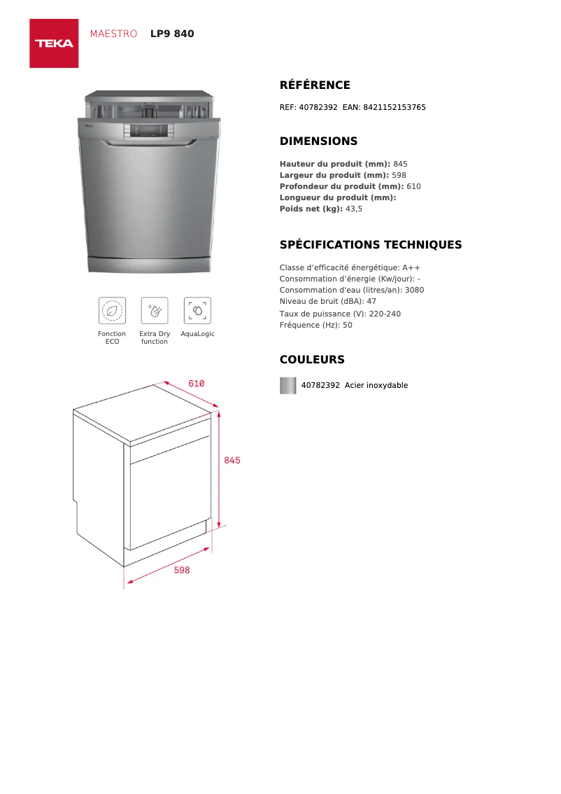 Page n°1 - Fiche technique Teka LP9 440
