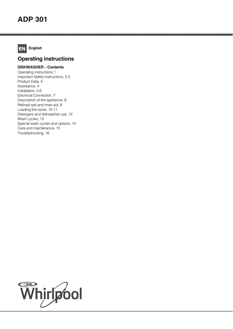 Página 1 del manual Manual de usuario Whirlpool ADP 301 WH UK