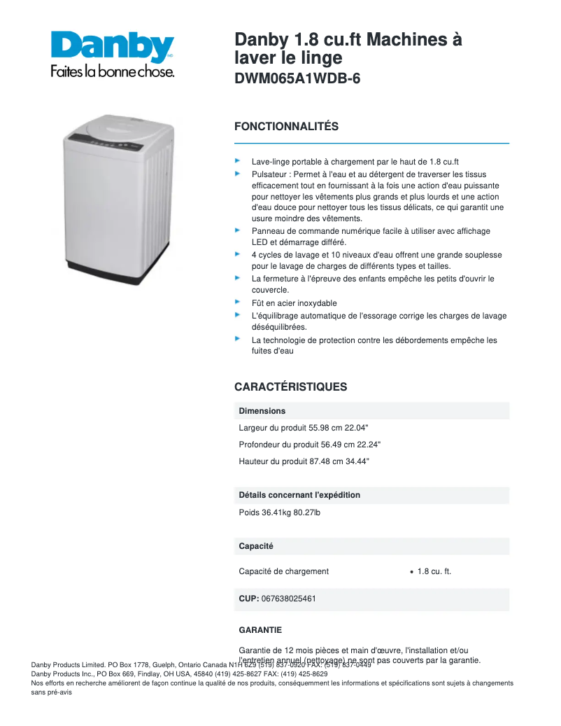 Page 1 de la notice Fiche technique Danby DWM065A1WDB-6