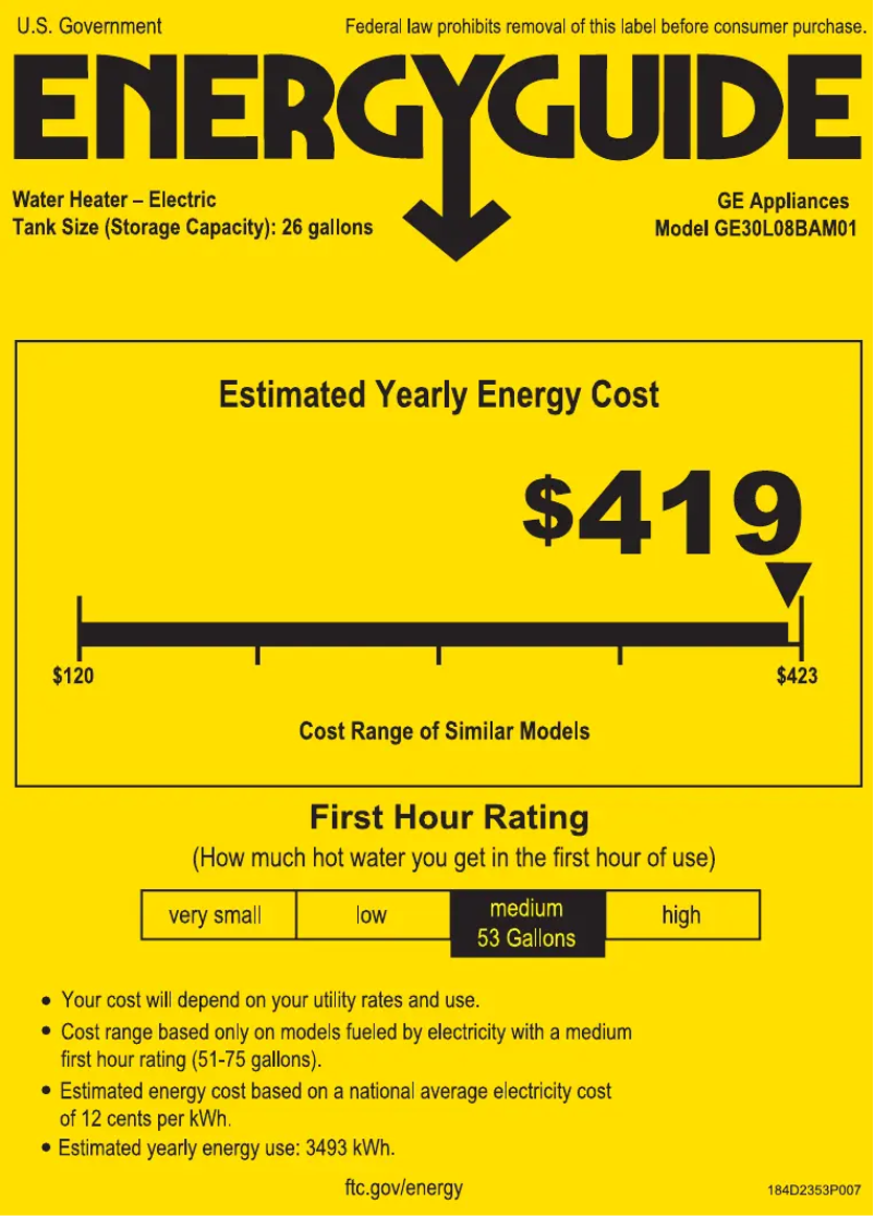 Page 1 de la notice Label énergétique GE GE30L08BAM