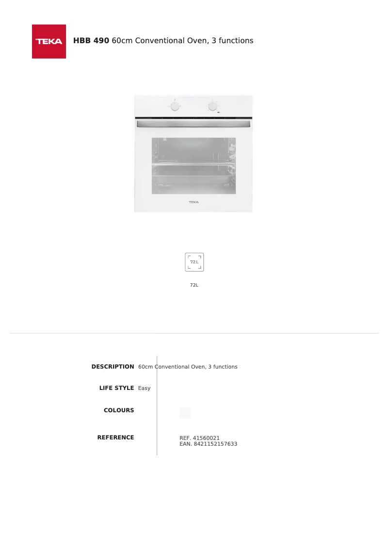 Page 1 de la notice Fiche technique Teka HBB 490