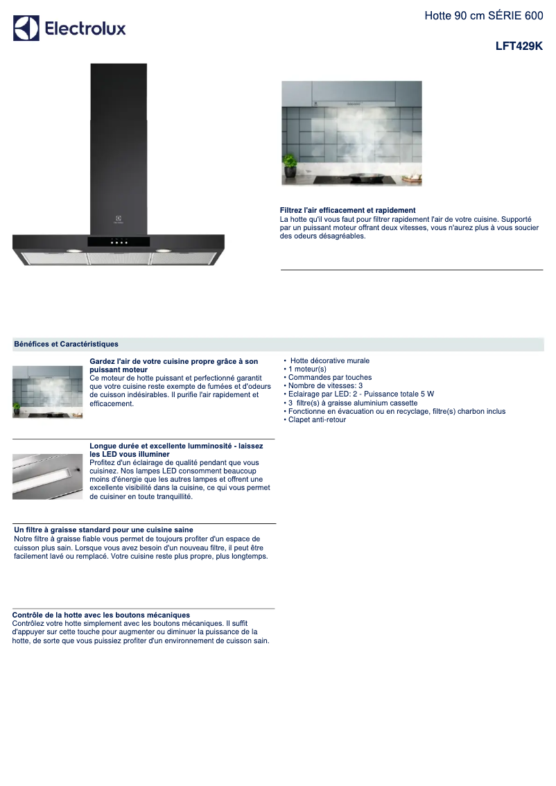 Page 1 de la notice Fiche technique Electrolux LFT429K