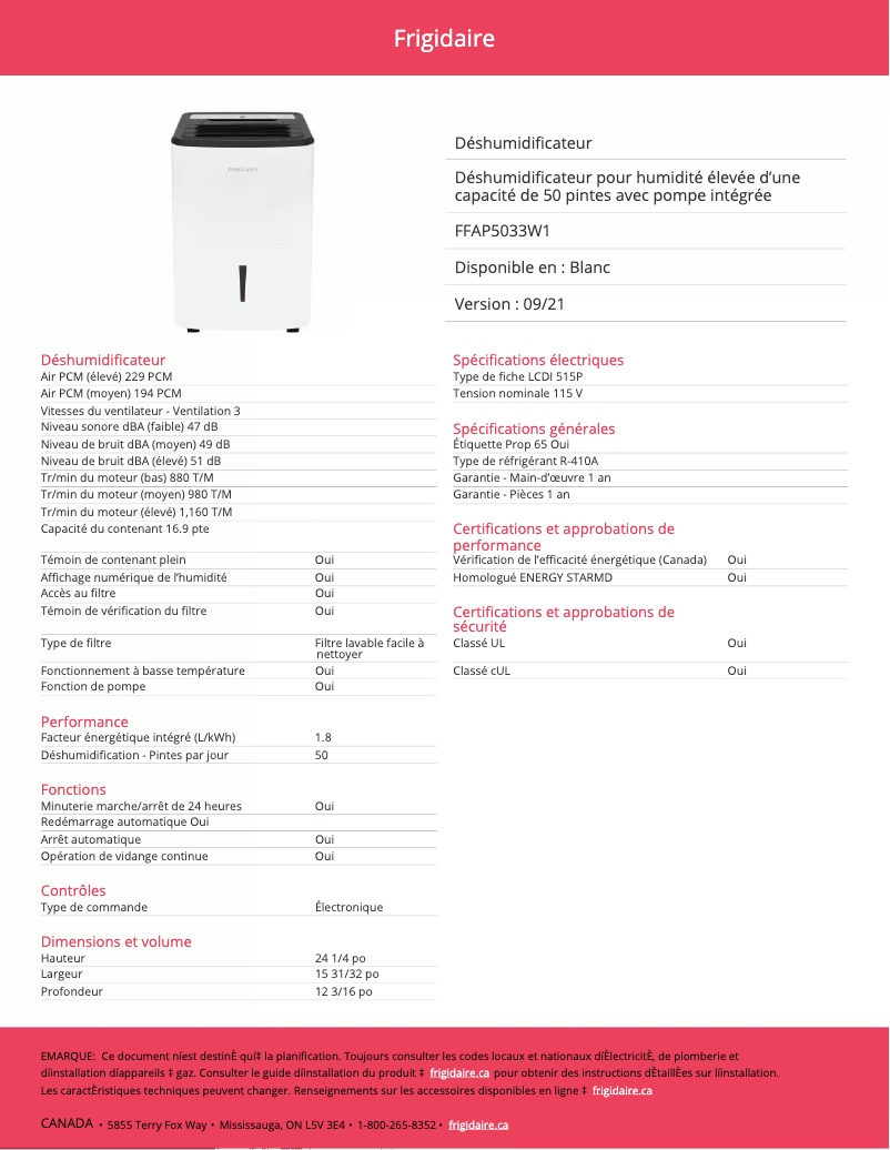 Page n°1 - Fiche technique Frigidaire FFAP5033W1