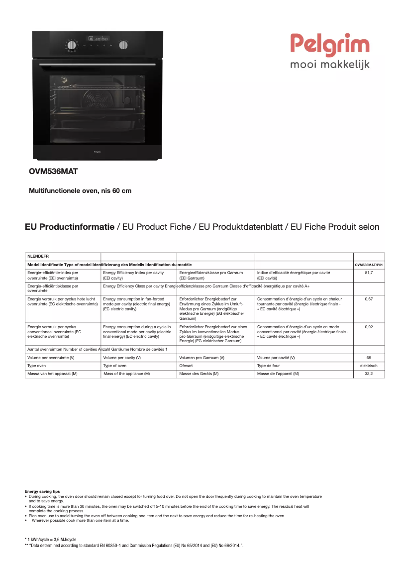 Page 1 de la notice Fiche technique Pelgrim OVM536MAT
