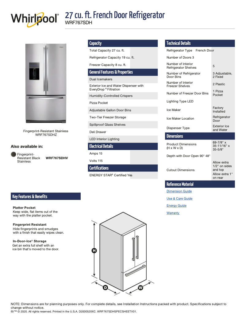 Page 1 de la notice Fiche technique Whirlpool WRF767SDHZ