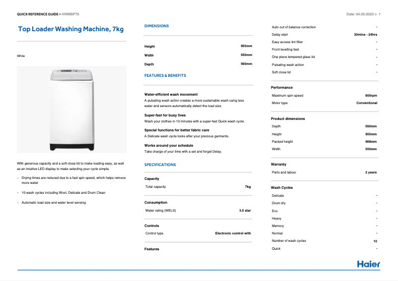 Page 1 de la notice Informations de garantie Haier HWMSP70