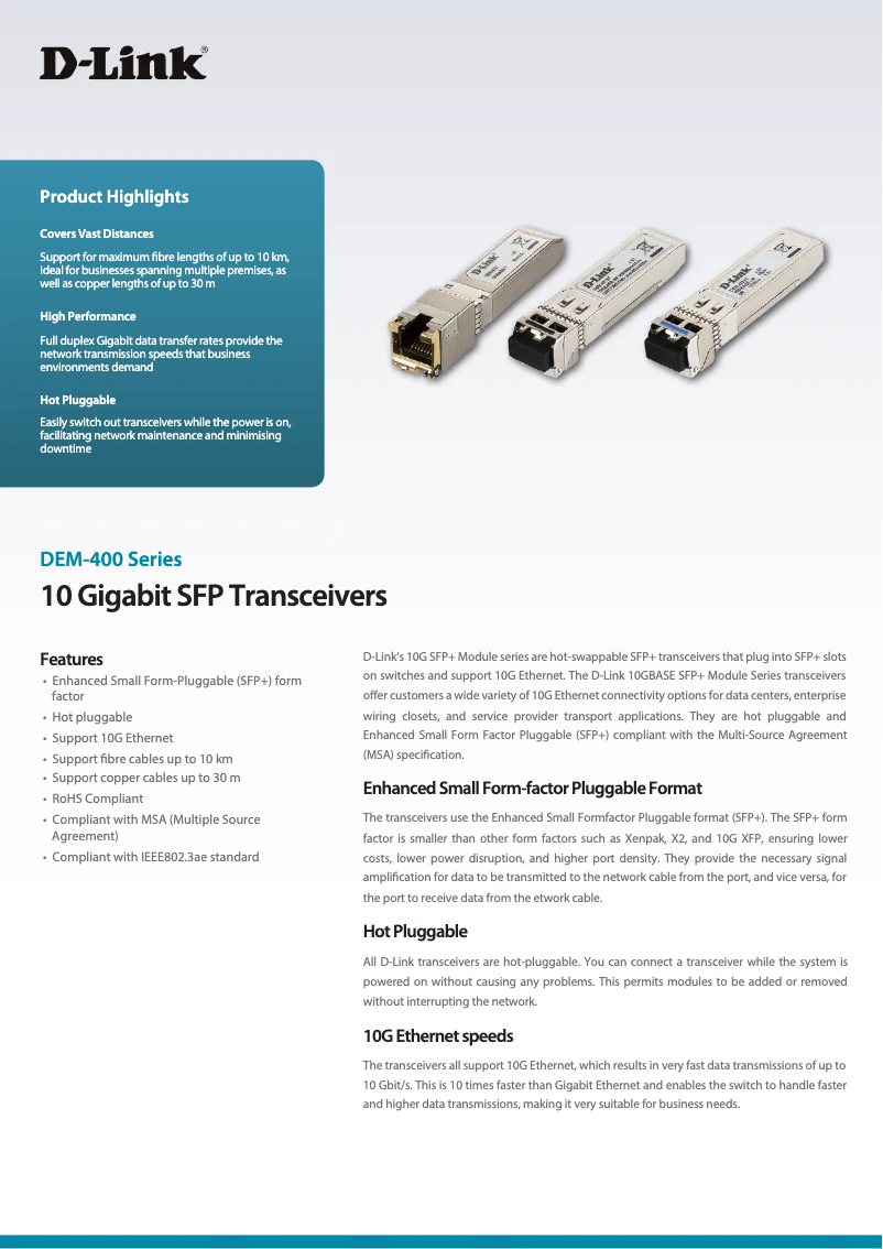 Page 1 de la notice Fiche technique D-Link DEM-410T