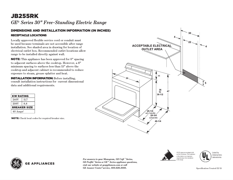 Page 1 de la notice Fiche technique GE JB255RKSS