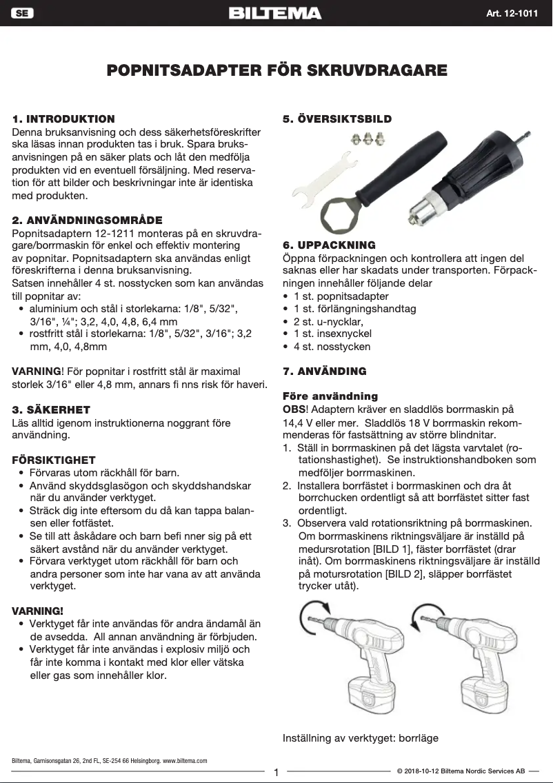 Page n°1 - Manuel utilisateur Biltema 12-1011