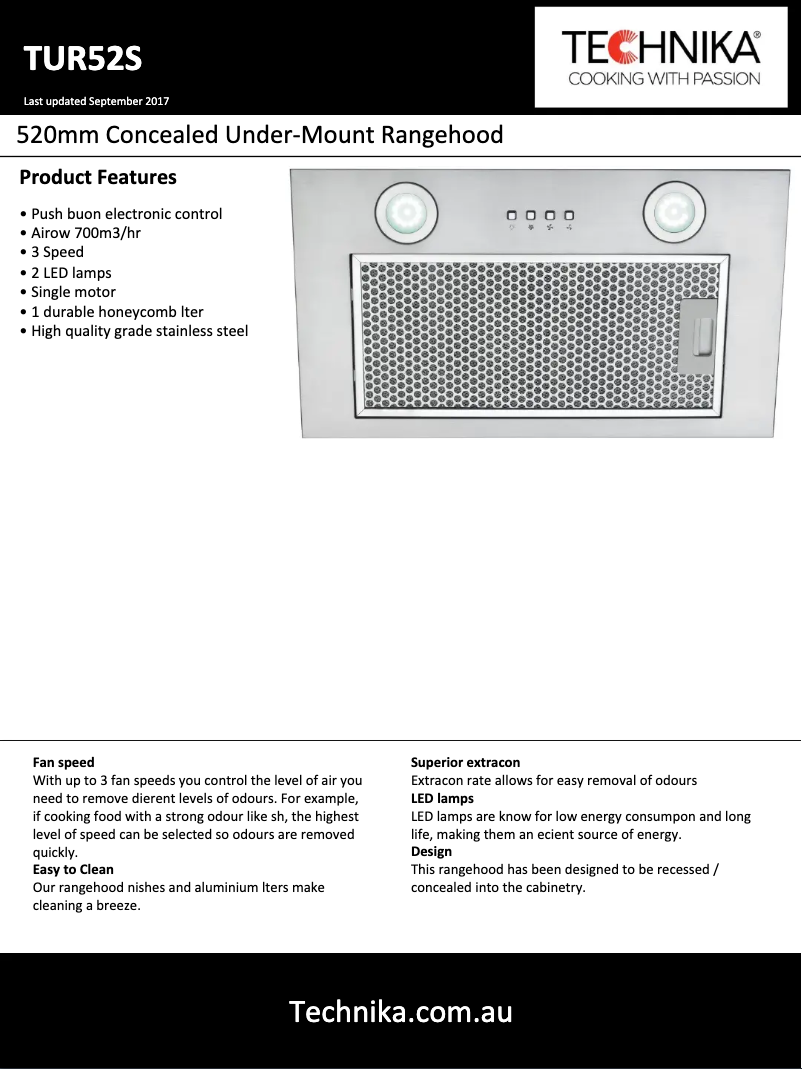 Page 1 de la notice Fiche technique Technika TUR52S