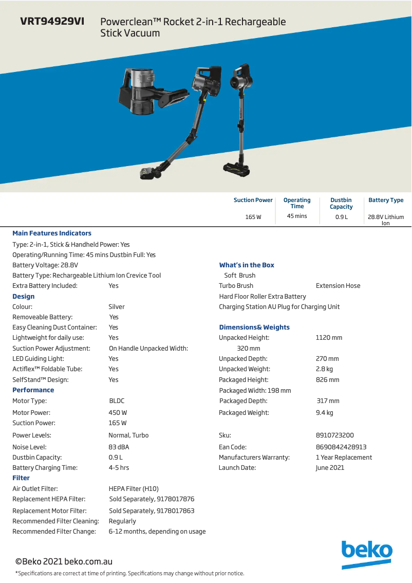 Page 1 de la notice Fiche technique Beko VRT94929VI