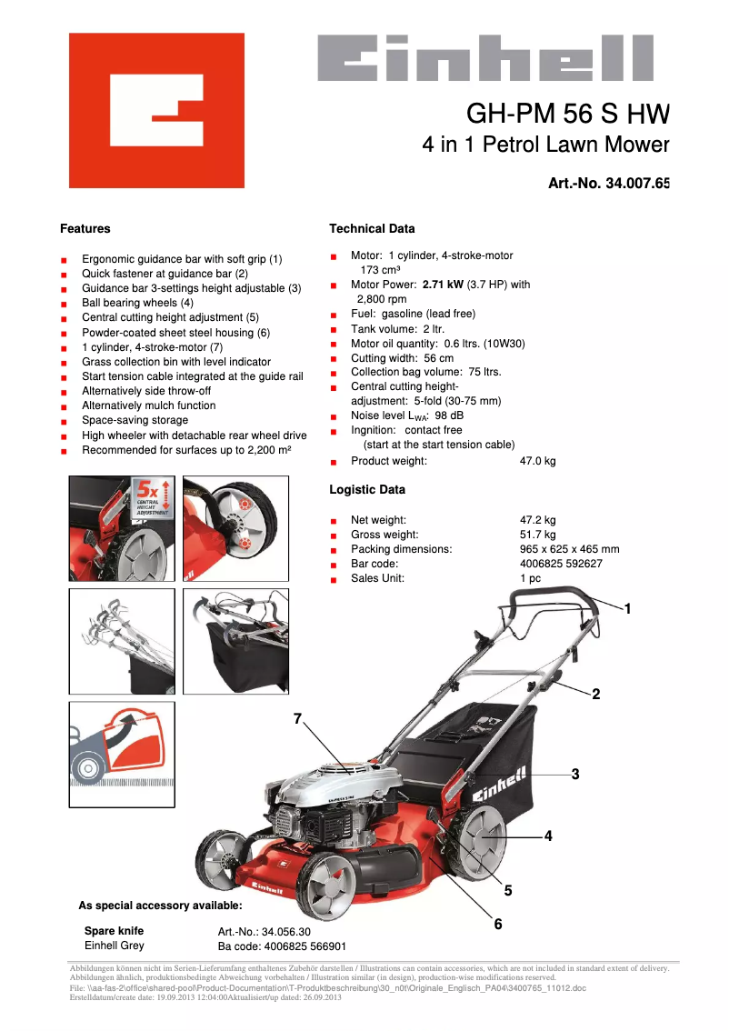 Page n°1 - Fiche technique Einhell GH-PM 56 S HW