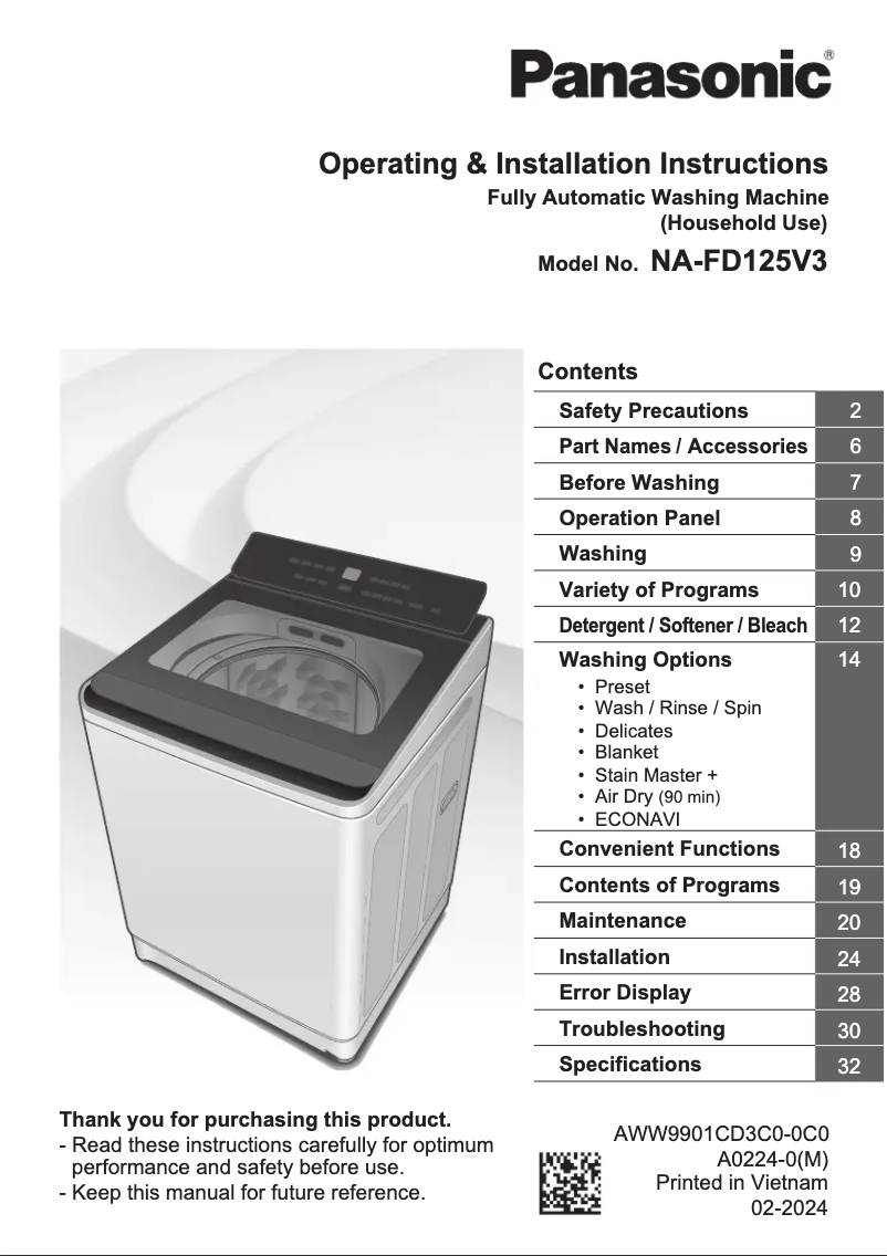 Page 1 de la notice Manuel utilisateur Panasonic NA-FD125V3