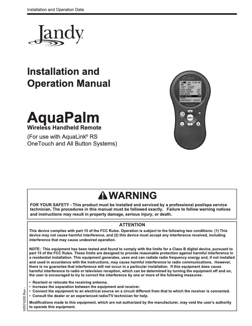 Page 1 de la notice Manuel utilisateur JANDY AquaLink Wireless Remote
