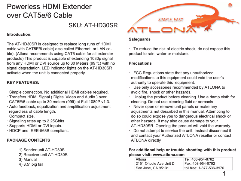 Page n°1 - Manuel utilisateur Atlona AT-HD30SR