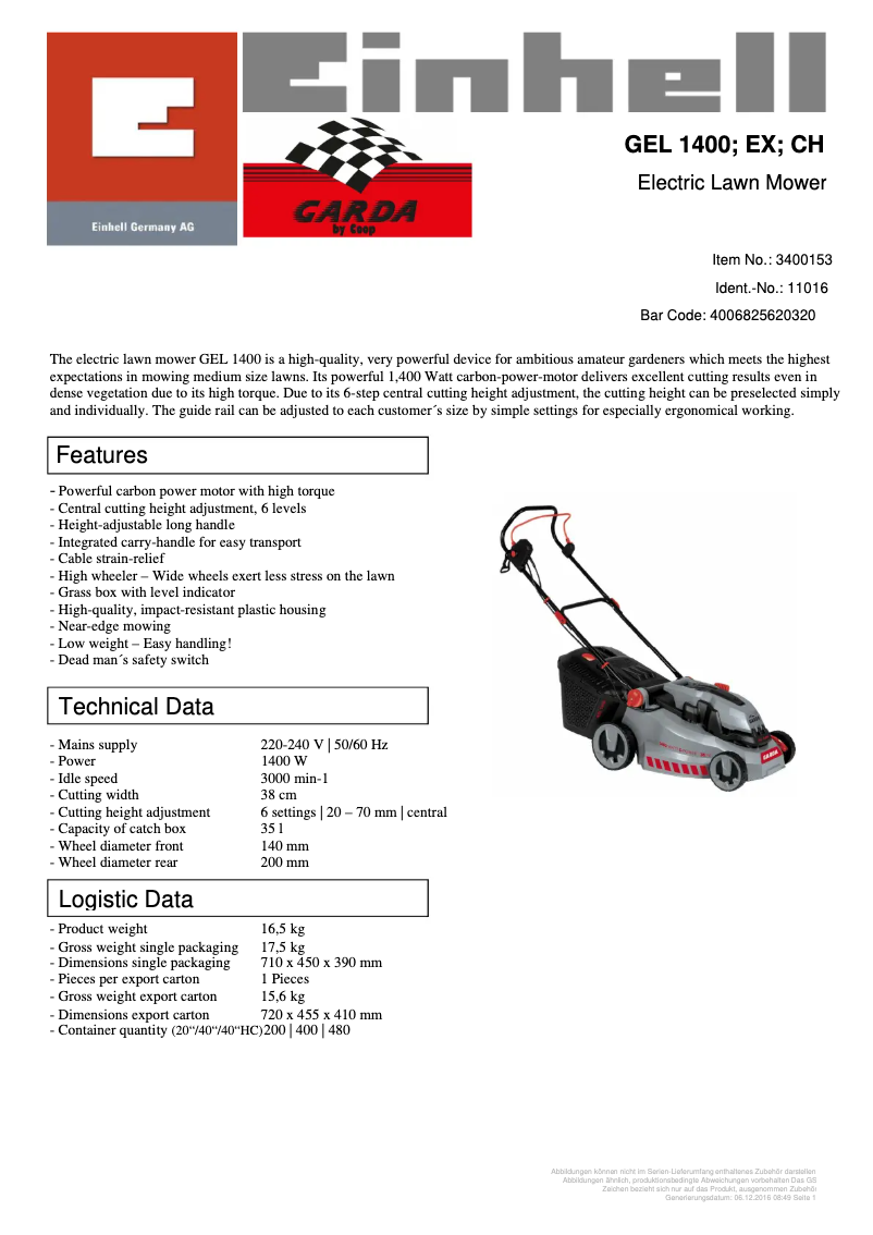 Page 1 de la notice Fiche technique GARDA GEL 1400
