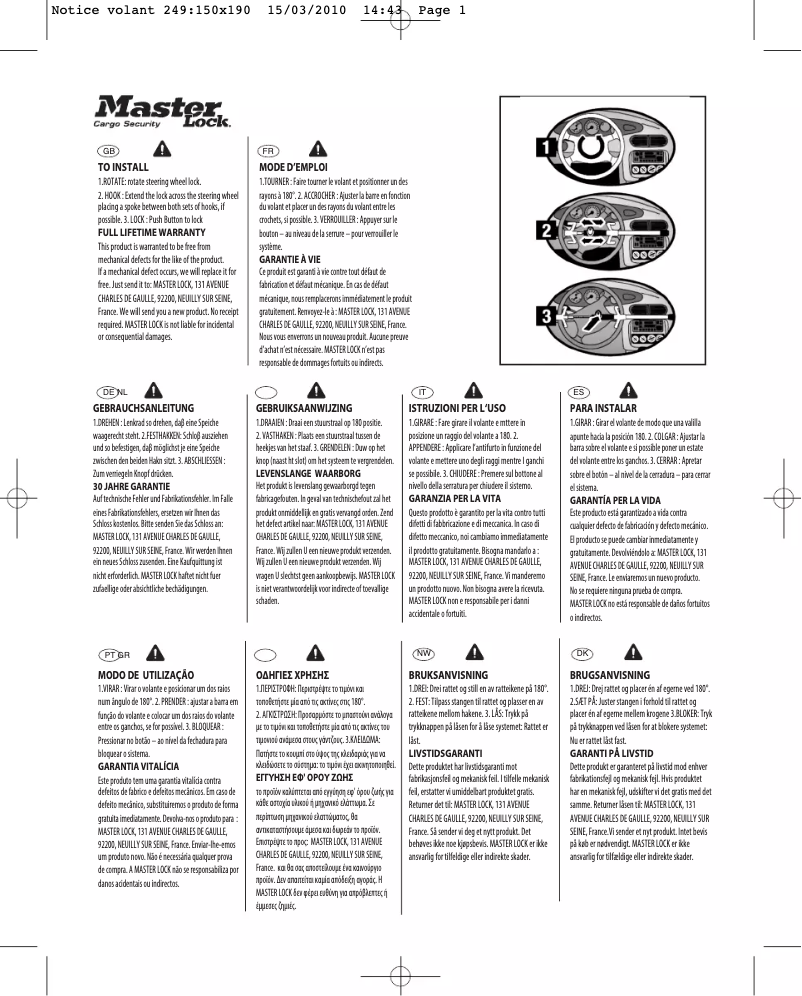 Page 1 de la notice Manuel utilisateur Master Lock 249EURDAT