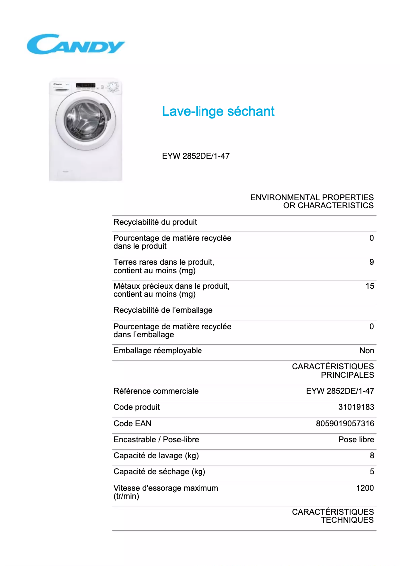 Image de la première page du manuel de l'appareil EYW 2852DE/1-47
