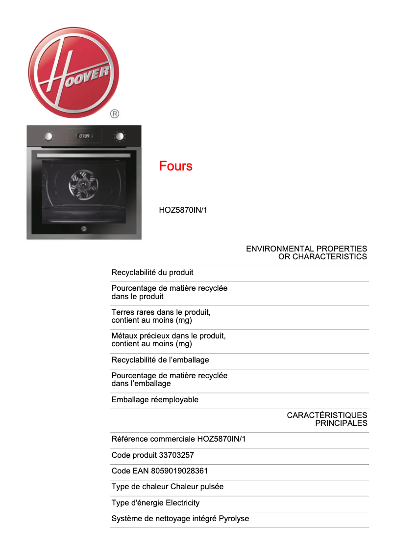 Page n°1 - Fiche technique Hoover HOZ5870IN/1