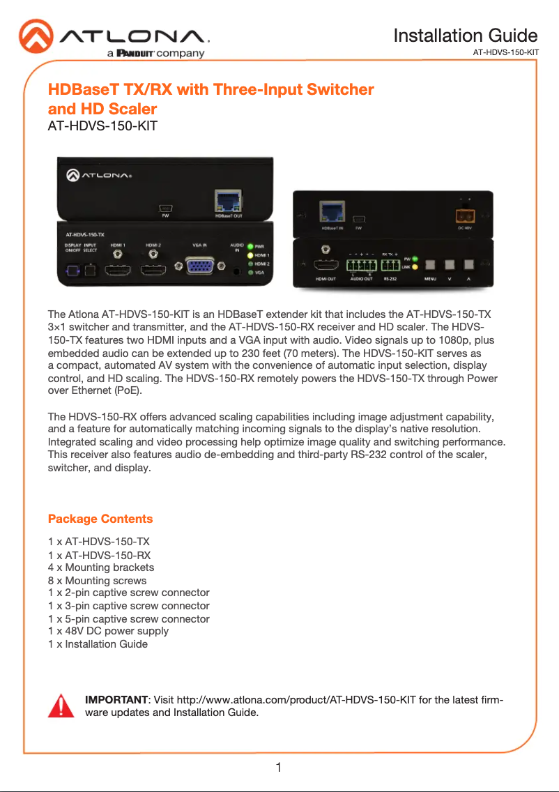 Page 1 de la notice Guide d'installation Atlona AT-HDVS-150-KIT