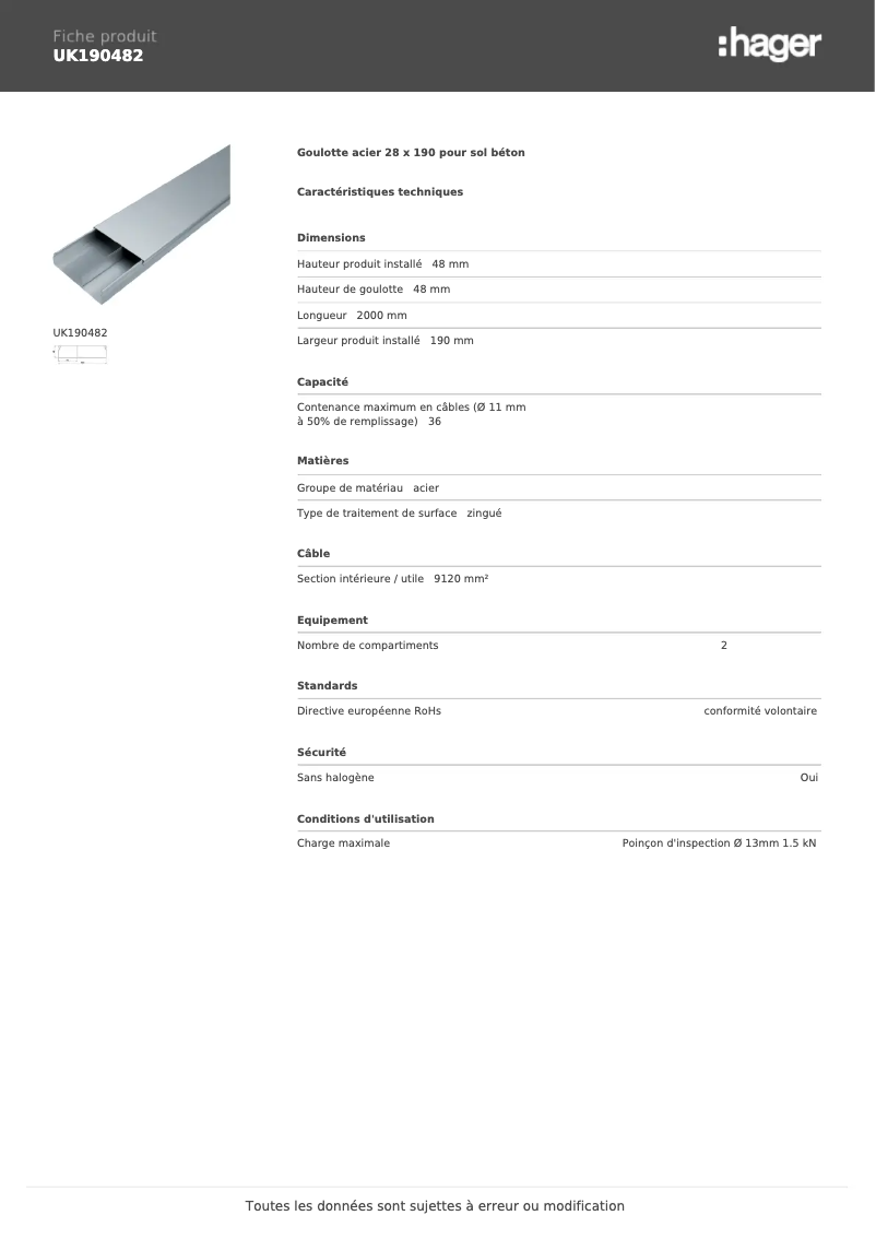 Page 1 de la notice Fiche technique Hager UK190482