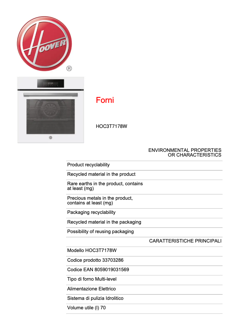 Page n°1 - Fiche technique Hoover HOC3T7178W