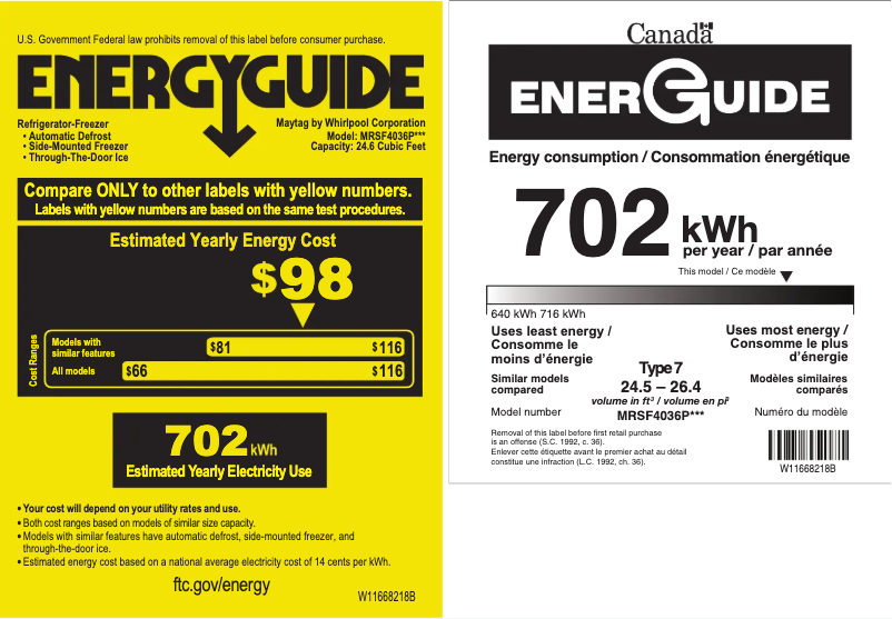 Page 1 de la notice Label énergétique Maytag MRSF4036PZ