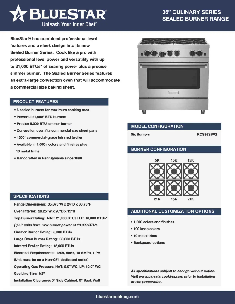Página 1 del manual Ficha técnica BlueStar RCS36SBV2C-9003