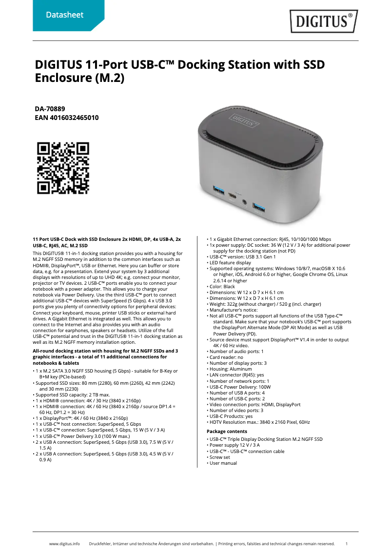 Page 1 de la notice Fiche technique Digitus DA-70889