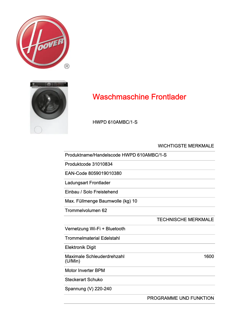 Page 1 de la notice Fiche technique Hoover H-WASH 500 HWPD 610AMBC/1-S