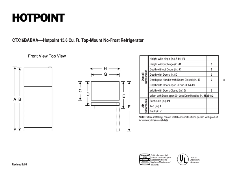 Page n°1 - Fiche technique Hotpoint CTX16BABAA
