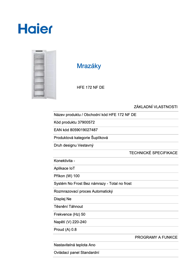 Page 1 de la notice Fiche technique Haier HFE 172 NF DE