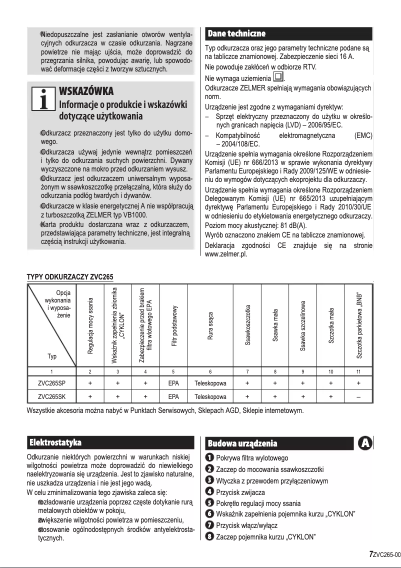 Page 1 de la notice Manuel utilisateur Zelmer Pluser ZVC265SK