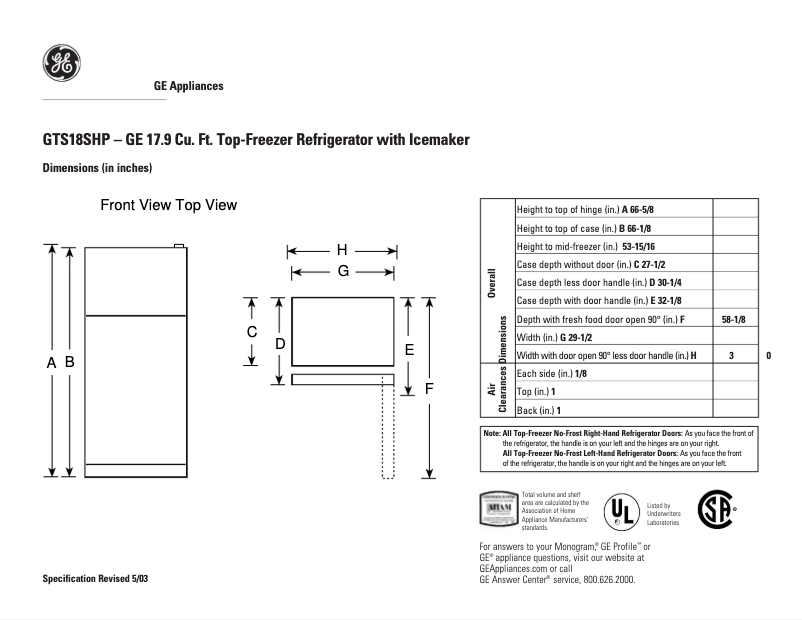 Page 1 de la notice Fiche technique GE GTS18SHPBS