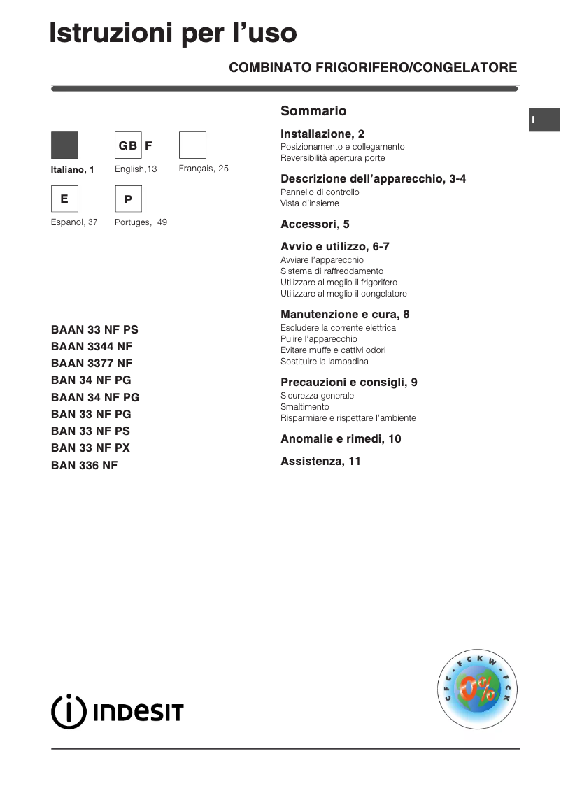 Page 1 de la notice Manuel utilisateur Indesit BAAN 3344 NF