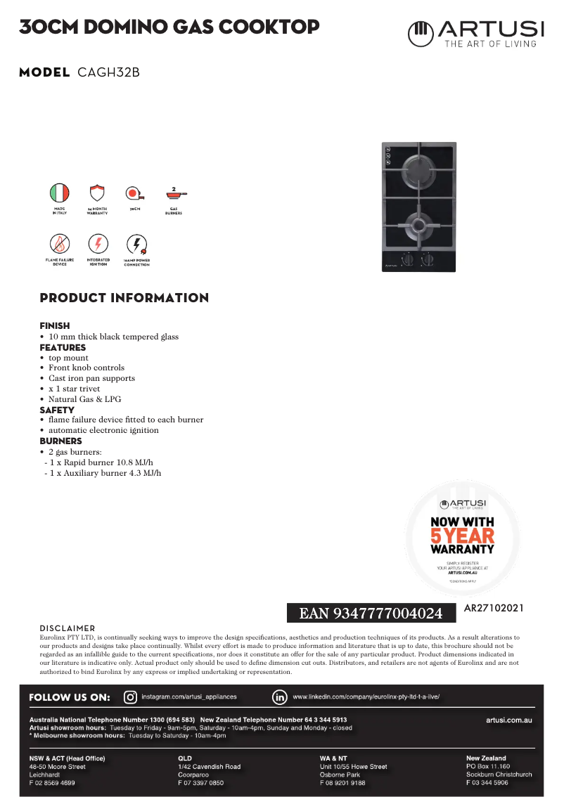 Page 1 of the manual Technical Sheet Artusi CAGH32