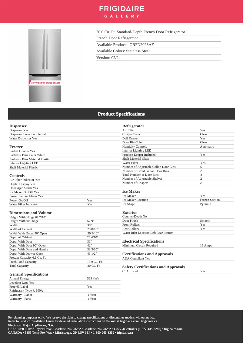 Page 1 de la notice Fiche technique Frigidaire GRFN2023AF