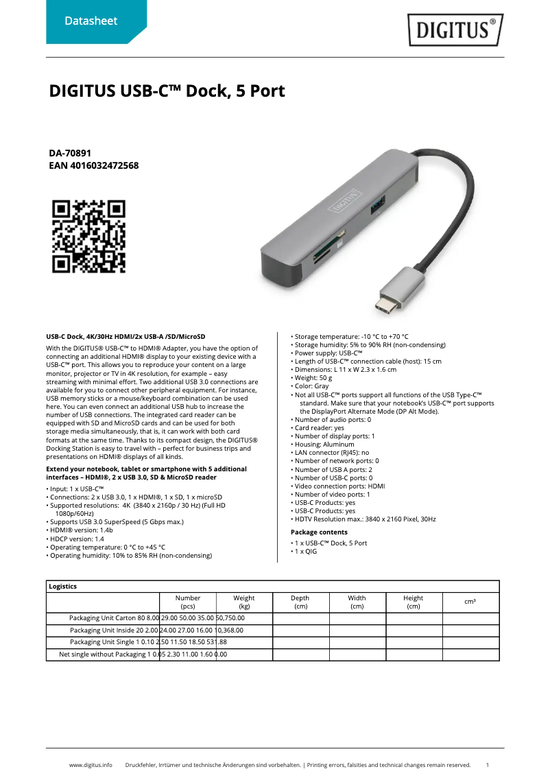 Page 1 de la notice Fiche technique Digitus DA-70891