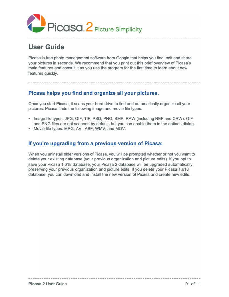Page n°1 - Manuel utilisateur Google Picasa 2