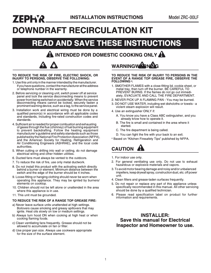 Page n°1 - Instructions / montage Zephyr DLI-E36ASX