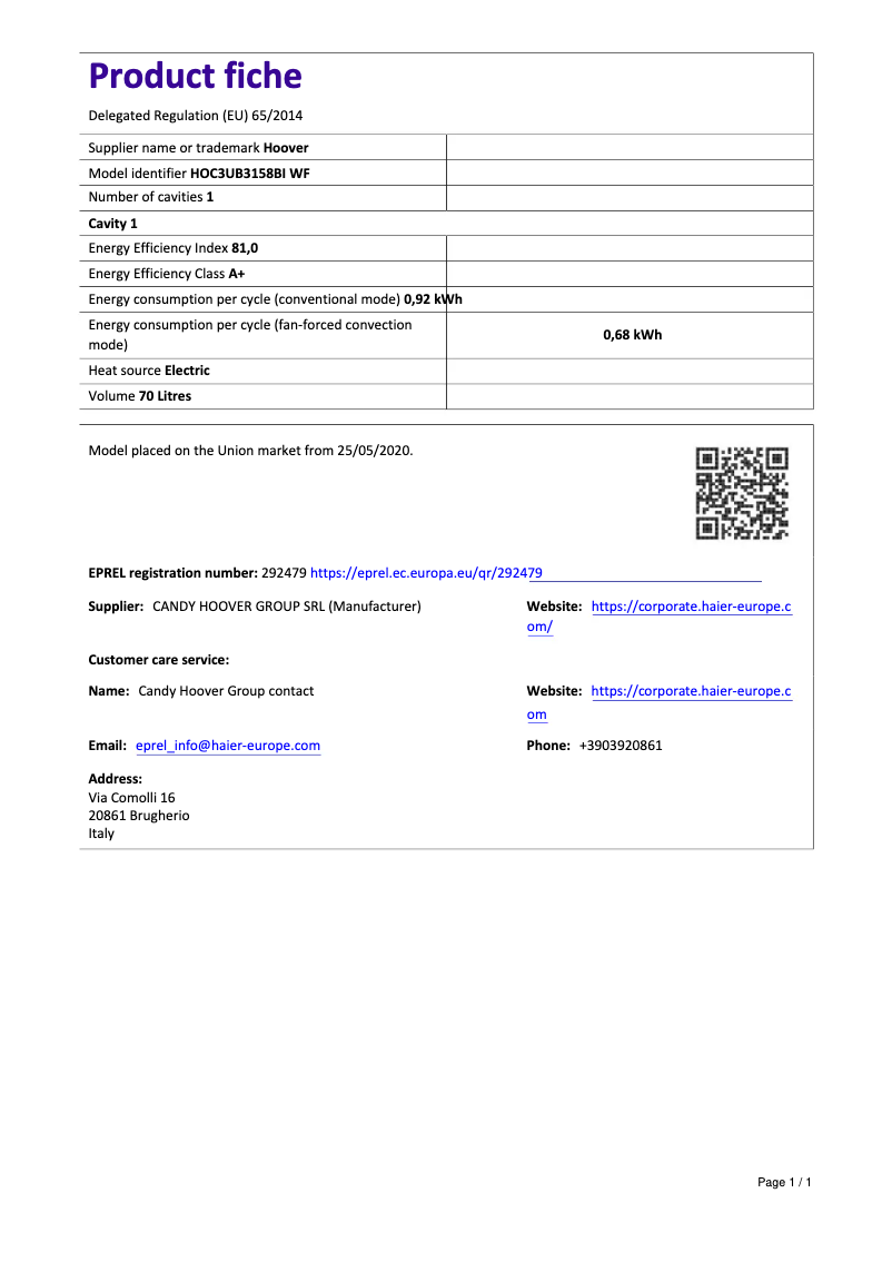 Page n°1 - Fiche technique Hoover H-OVEN 300 HOC3UB3158BI WF