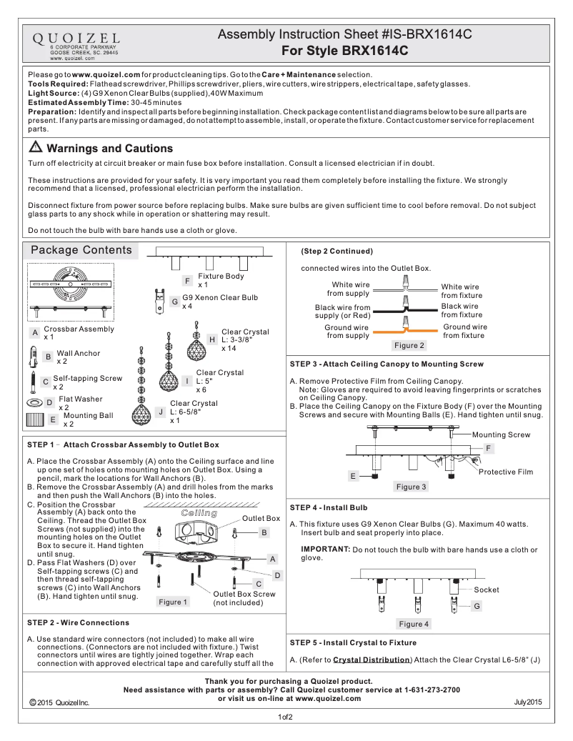 Page 1 de la notice Manuel utilisateur Quoizel BRX1614C