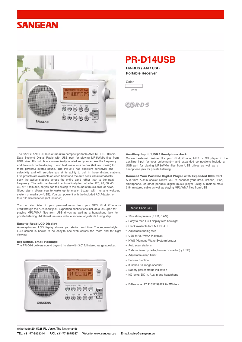 Page n°1 - Fiche technique Sangean PR-D14USB