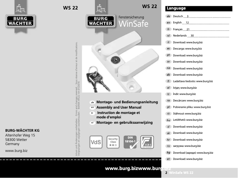 Page n°1 - Manuel utilisateur Burg Wächter WinSafe WS 22