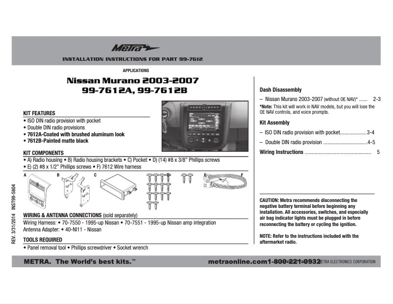 Page 1 de la notice Manuel utilisateur Metra 99-7612